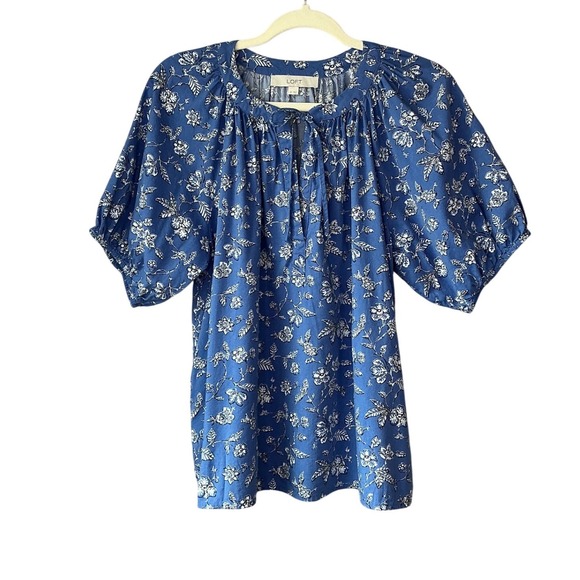 LOFT Tops - LOFT Blue Floral Cotton Rayon Tie Neck Puff Short Sleeve Peasant Blouse Medium
